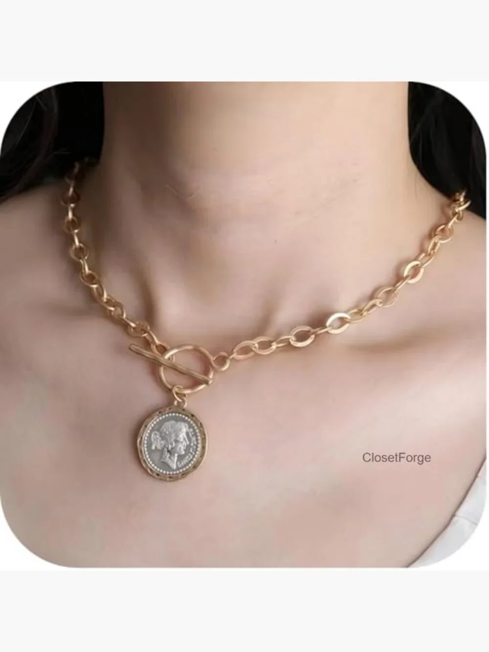 18k Gold Plated Angel Coin Toggle Necklace Chunky Statement Jewelry